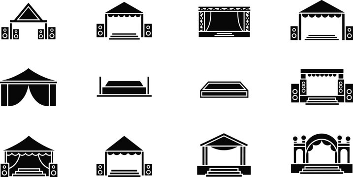 Stage and event platform silhouette icon set featuring concert theater performance podium and festival venue design elements