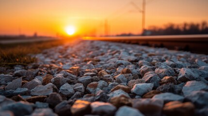 Obraz premium Railway track gravel at sunset. Train trail perspective view during golden hour. Transportation journey and travel concept. Outdoor scenery along track ballast stones for industrial pathway.