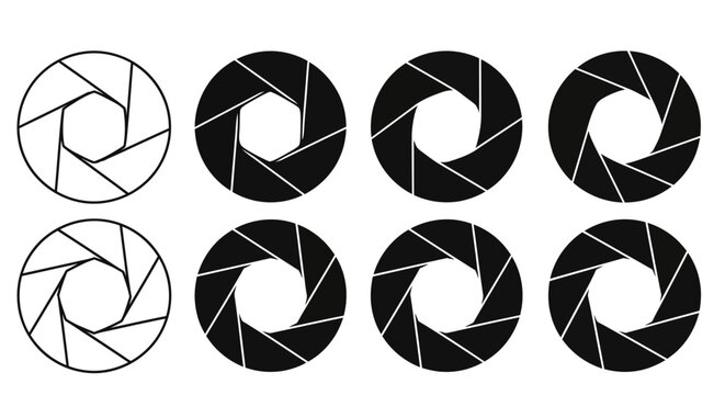 Set of Aperture Icons in Black and White, Representing Camera Lens Functionality