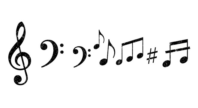 A collection of musical notes and symbols, including a treble clef, bass clef, and various eighth notes and accidentals