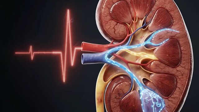 Medical kidney anatomy 3d illustration renal artery renal vein nephron urinary system ureter with heartbeat waveform and glowing electrocardiogram line on dark background for nephrology education
