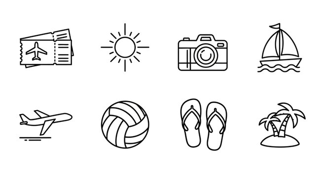Collection of Travel and Holiday Icons Airplane, Camera, Sun, Sailboat, Volleyball, Flip-flops, Palm Trees, and Tickets