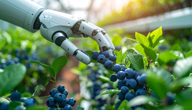 robotic hand delicately picking a ripe blueberry from a high-tech 