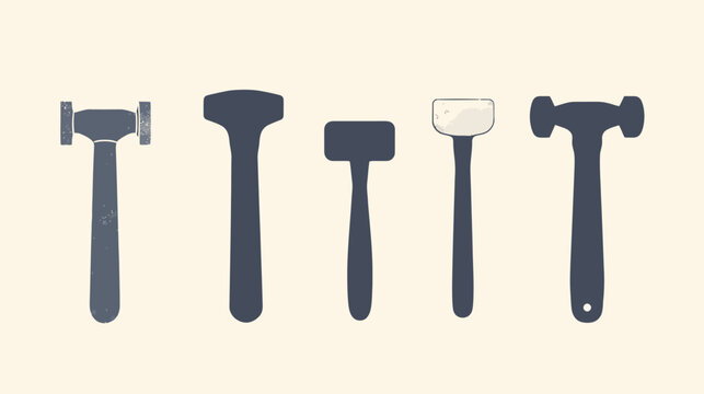 Silhouetted illustration showing different hammers of various shapes and sizes in a row