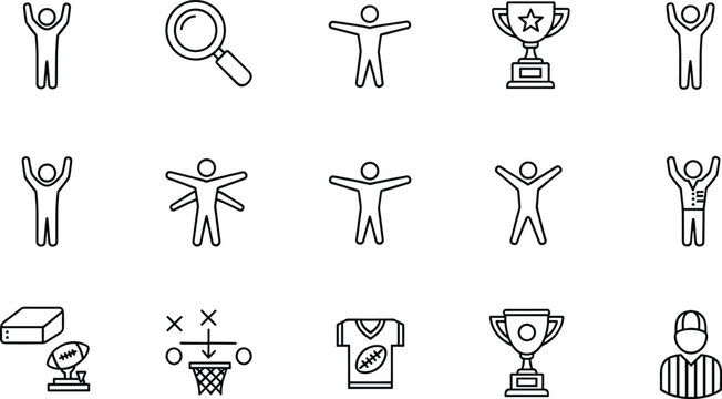 Success achievement line icons set winner trophy teamwork goal celebration sports strategy outline vector collection minimal modern symbols