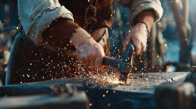 Festivalul Sighisoara Medievala event with blacksmith at work in a crowded medieval town square during a festival