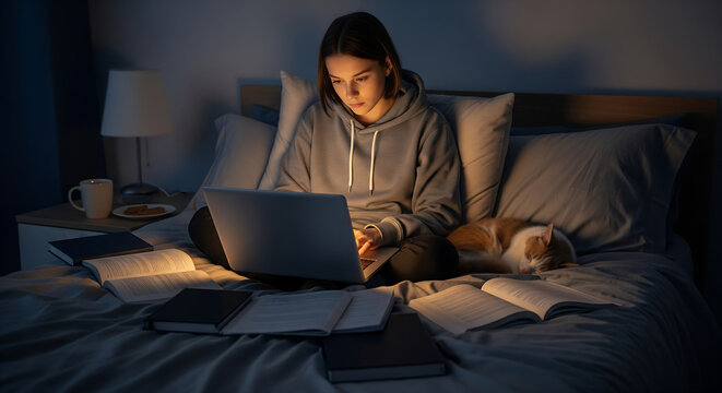 Young Woman Student Studying with Laptop and Sleeping Cat in Bed at Night Surrounded by Books and Study Material