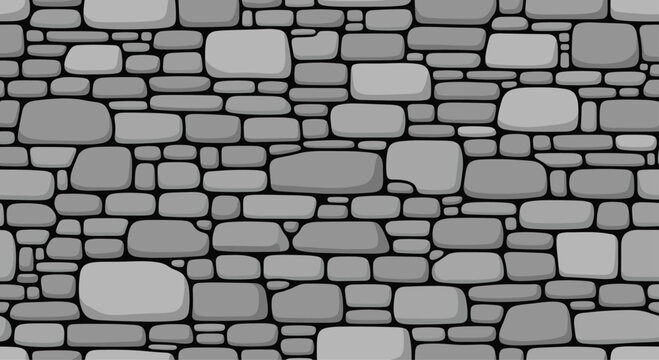 Seamless texture of a gray stone wall made of irregular flat rocks for use as a background pattern in web design.