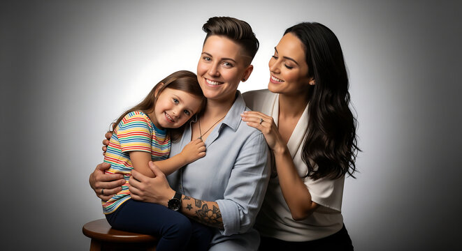 Happy lesbian couple with their young daughter in a studio portrait, showing love and diverse modern family concept.