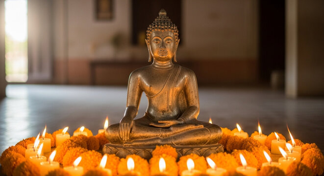 Buddhist statue adorned with candles in a serene temple setting