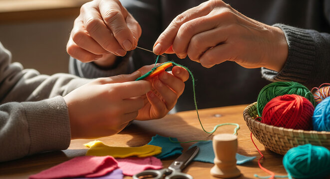 Close up of hands of an adult and child sewing together, intergenerational craft project with colorful yarn and felt