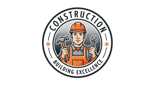 Construction worker logo with building excellence.