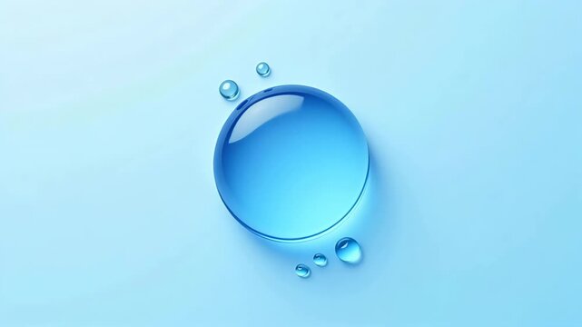 Glistening water droplets on blue background. Crystal clear liquid spheres with reflections. Macro shot, soft studio lighting. Pureness concept and freshness.