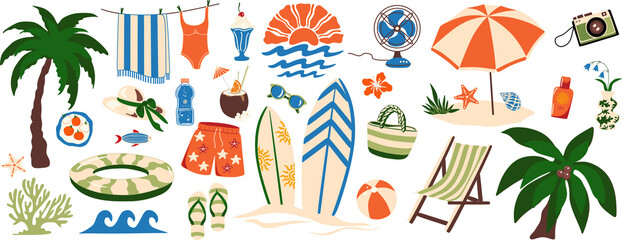 High-quality isolated vector elements for summer-themed projects. Features items like sunscreen, sunglasses, palm trees, and surfboards in a fun, flat style. Great for digital planners, stickers © Svetlana