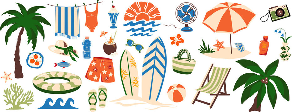 High-quality isolated vector elements for summer-themed projects. Features items like sunscreen, sunglasses, palm trees, and surfboards in a fun, flat style. Great for digital planners, stickers