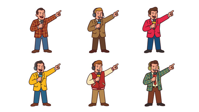 Set of Cartoon Male Reporters or Commentators Pointing Right with Microphones and Headsets