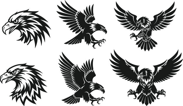 Majestic Eagle Mascot Vector Set Featuring Bold Black and White Flying Hawks and Eagle Heads for Sports Team Logos, Strength Branding, and Patriotic Pride Designs