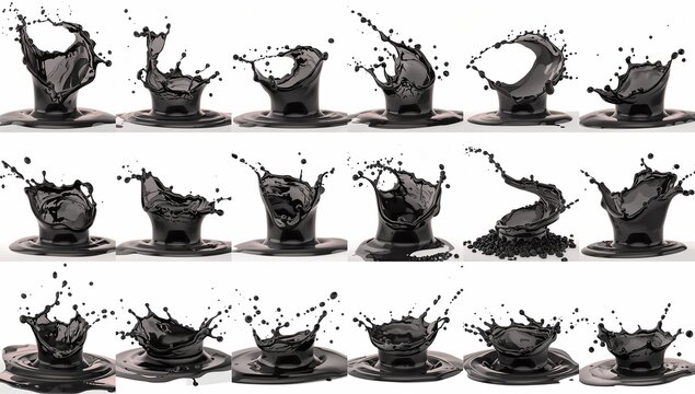 A series of stunning splash images captured with detailed precision.  The black liquid creates dynamic and captivating shapes as it interacts with the surface