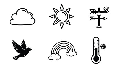 Naklejka premium Hand drawn weather and nature icons set. Simple doodle style line art symbols for forecast, climate, and environment designs.