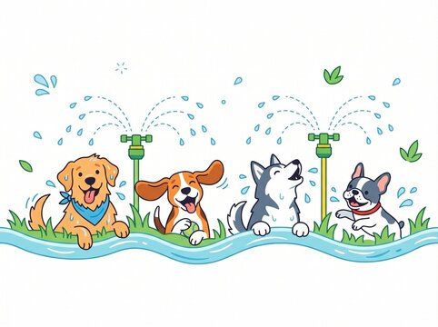 Four playful dogs enjoying a refreshing sprinkler on a sunny day