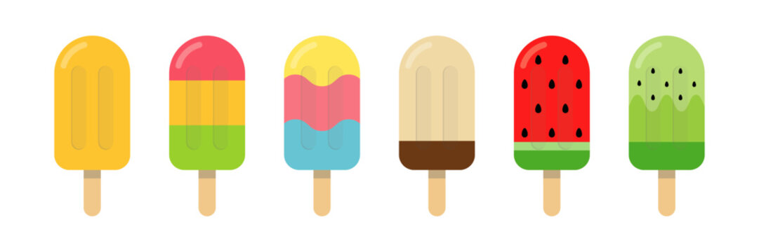 Assorted colorful ice cream bars and popsicles set on wooden sticks, simple vector illustration