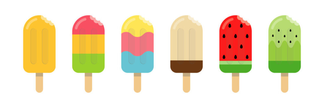 Bitten ice cream bars and popsicles collection, summer dessert with bite mark, vector illustration
