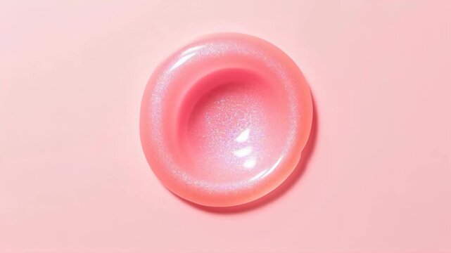 Gel droplet rests on pink background. Sparkling liquid sphere with glitter texture. Shiny, glossy macro shot, soft light. Beauty product demonstration. Concept of skincare and rejuvenation.