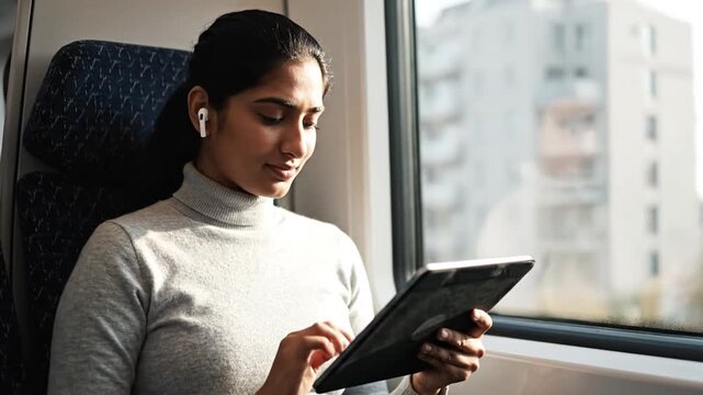 Woman using tablet computer while commuting near window