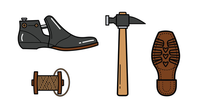 Vector illustration of shoe making tools including a shoe last hammer thread spool and dress shoe, Generative AI.