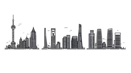 Obraz premium Black and white illustration of city skyline with various high rise buildings and structures
