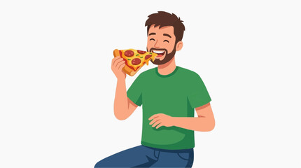 A cartoon man happily eating a slice of pizza while sitting down.