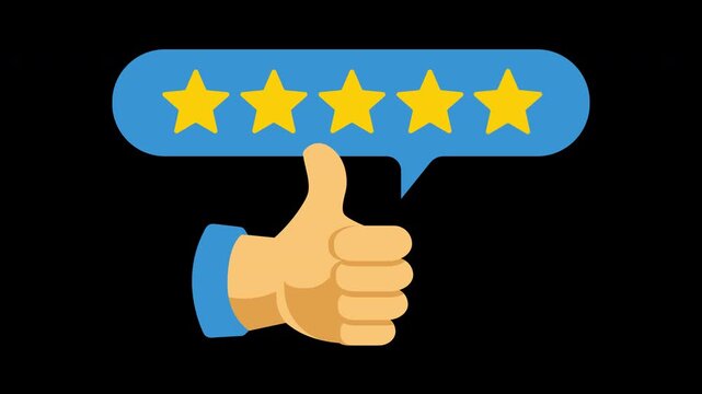rating five stars thumb up with bubble chat on alpha channel background. 4k video animation