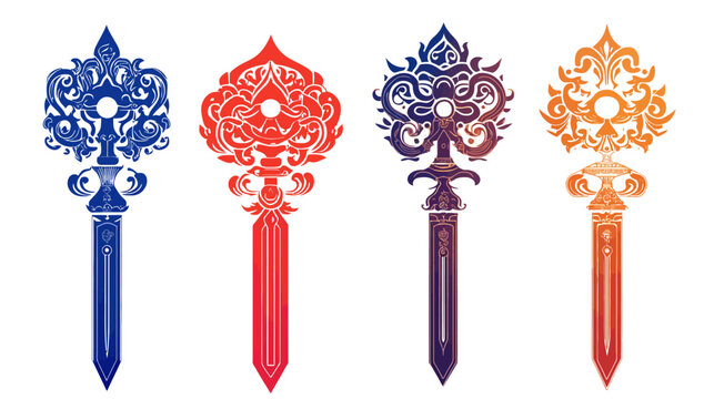 Four stylized keys in varying colors with ornate designs on white background