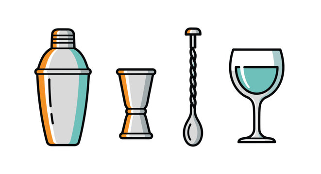 A colorful illustration of a cocktail shaker jigger muddler and wine glass, Generative AI.