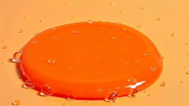 Gel droplet rests on orange surface. Transparent substance with bubbles. Smooth, glossy close-up, studio lighting. Natural product display. Concept of hydration and freshness.