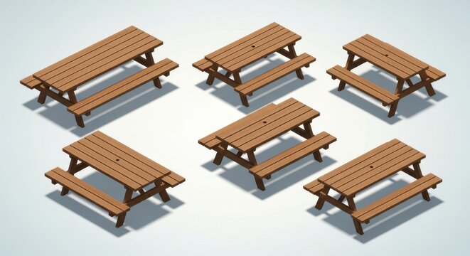 Six wooden picnic tables with benches arranged in a pattern on a light grey background