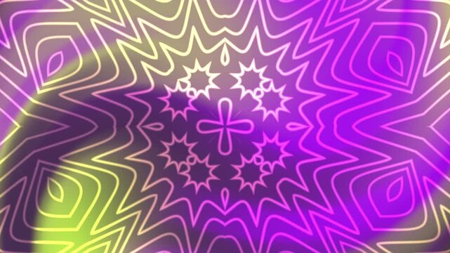 Purple and yellow abstract kaleidoscope overlay pattern suitable for backgrounds, prints, textiles, and design projects requiring a dynamic focal point.
