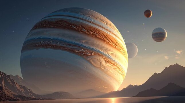 Giant gas planet over alien lake sunset with multiple orbiting moons, rocky mountain shoreline and reflective water creating majestic serene warm