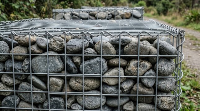 Gabion wall of steel mesh filled with stone, close up of outdoor retaining structure with rough rock and gray wire grid