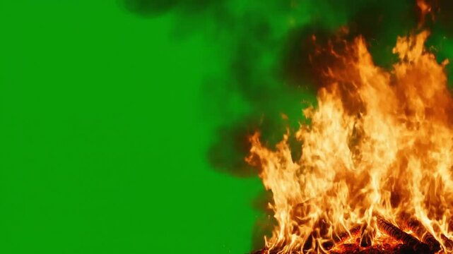 Fire flames, burning blaze, green screen background, orange and yellow inferno, smoke rising