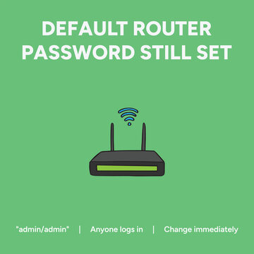 Modern vector illustration showcasing a wireless network router with an insecure default password setting requiring urgent user account security updates