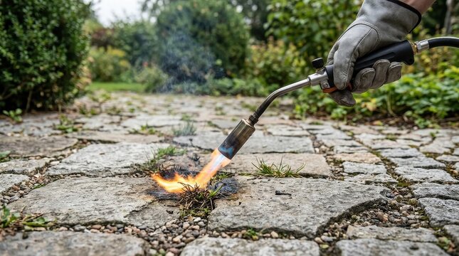 Pathway weeding with flame tool in garden, gloved hand removing grass from stone path