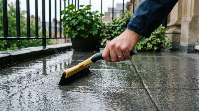 Wet pavement cleaning, hand using squeegee on stone surface outdoors, urban maintenance after rain, close up of manual water removal