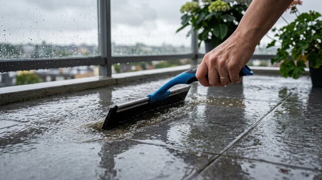Wet terrace cleaning hand squeegee water floor outdoor closeup maintenance cleaning balcony wet surface tile reflection glass railing rain home housekeeping hygiene scrub wash removal dirt mop