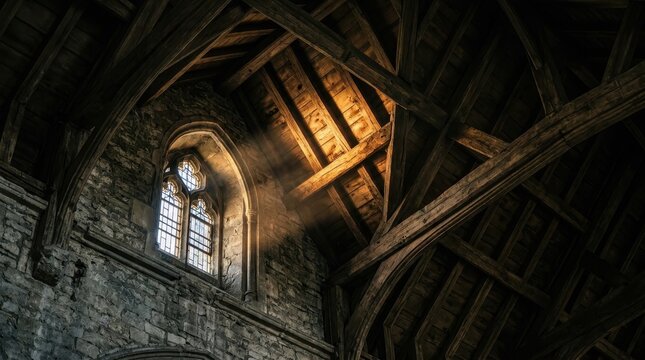 Clerestory window in stone wall with sunbeam inside dark wooden roof of old church interior