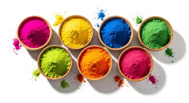 Seven Bowls of Colorful Holi Powder (Gulal) on White Background, Indian Festival Celebration