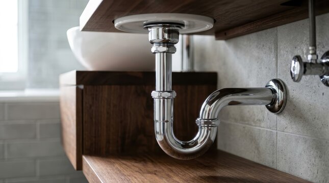 Chrome plated brass sink trap, under sink plumbing detail in modern bathroom with wooden cabinet and ceramic basin, clean reflective pipe installation