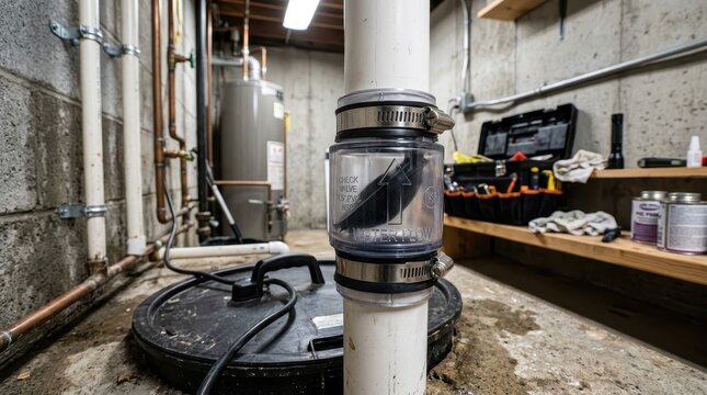 Sump pump check valve basement utility room plumbing pipe plastic valve water flow drainage system home maintenance underground basement mechanical equipment installation detail