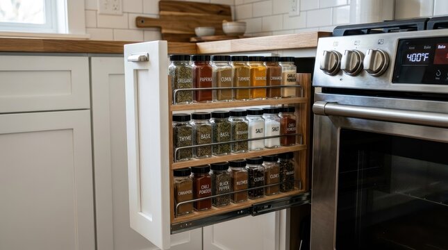 Built in spice rack in kitchen cabinet beside stove, slide out wood shelf with glass jar storage for herb and spice