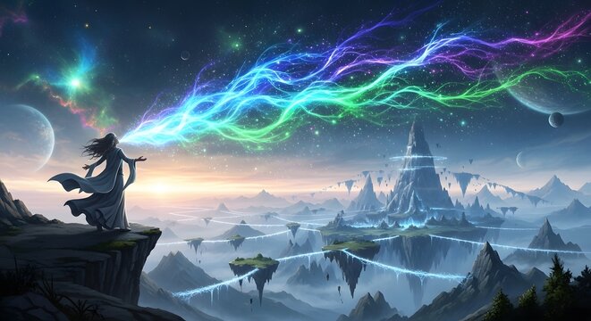 Fantasy Landscape with Person Playing Flute Emitting Magical Energy Over Floating Islands and City